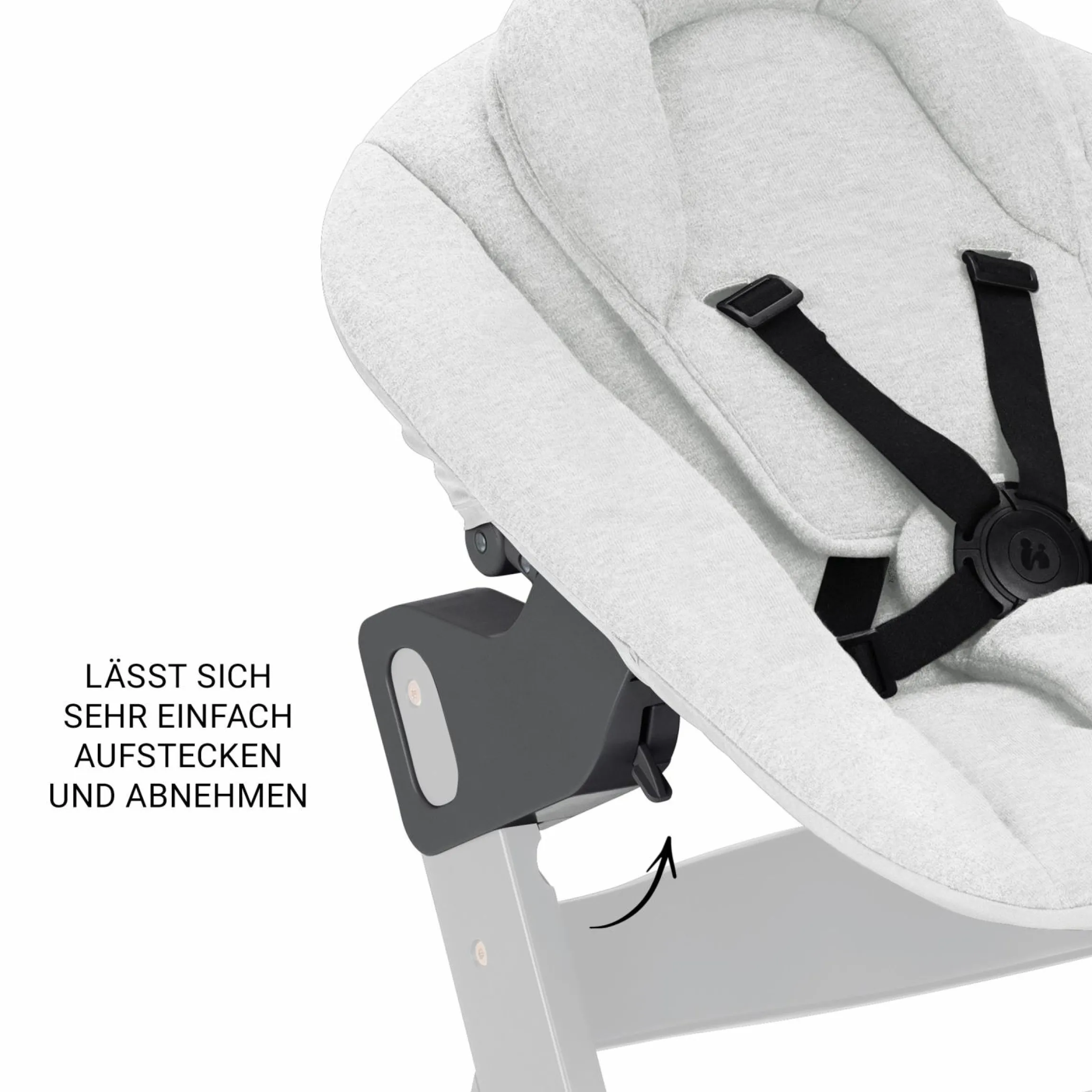 Beta Plus White 5-tlg. Newborn Set - Hochstuhl + 2in1 Neugeborenen-Aufsatz & Wippe Premium + Essbrett + Sitzkissen - Light Grey