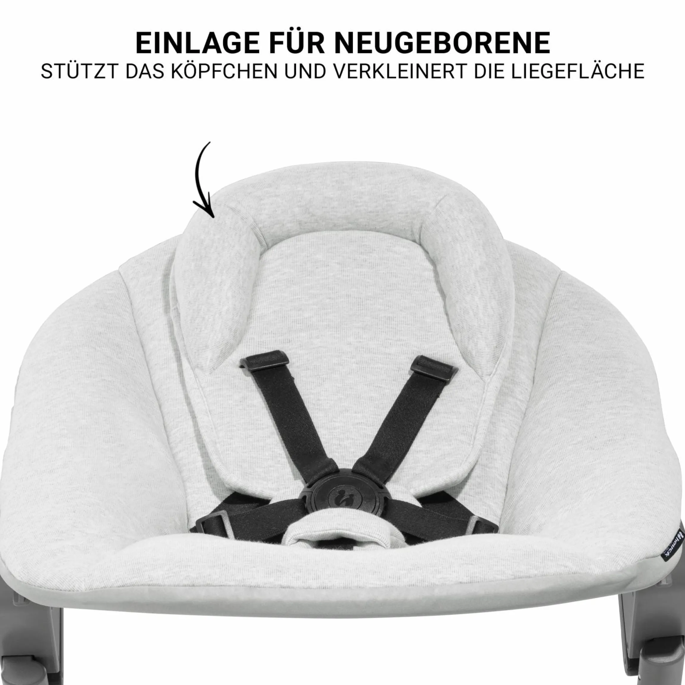 Beta Plus White 5-tlg. Newborn Set - Hochstuhl + 2in1 Neugeborenen-Aufsatz & Wippe Premium + Essbrett + Sitzkissen - Light Grey