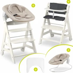 Beta Plus White 5-tlg. Newborn Set - Hochstuhl + 2in1 Neugeborenen-Aufsatz & Wippe + Essbrett + Sitzkissen - Disney - Winnie the Pooh Beige