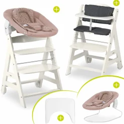 Beta Plus White 5-tlg. Newborn Set - Hochstuhl + 2in1 Neugeborenen-Aufsatz & Wippe + Essbrett + Sitzkissen - Disney - Bambi Rose