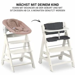 Beta Plus White 5-tlg. Newborn Set - Hochstuhl + 2in1 Neugeborenen-Aufsatz & Wippe + Essbrett + Sitzkissen - Disney - Bambi Rose