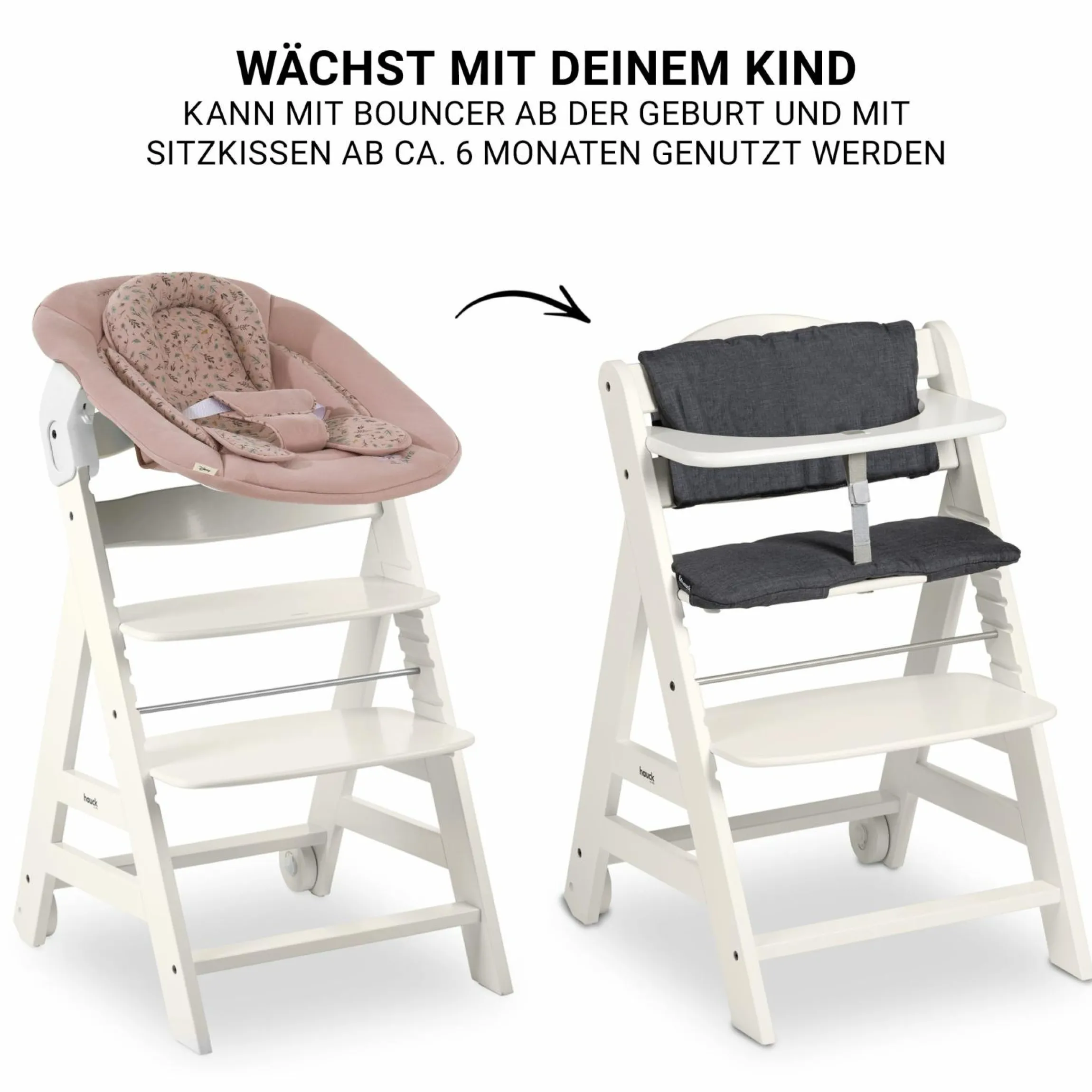 Beta Plus White 5-tlg. Newborn Set - Hochstuhl + 2in1 Neugeborenen-Aufsatz & Wippe + Essbrett + Sitzkissen - Disney - Bambi Rose