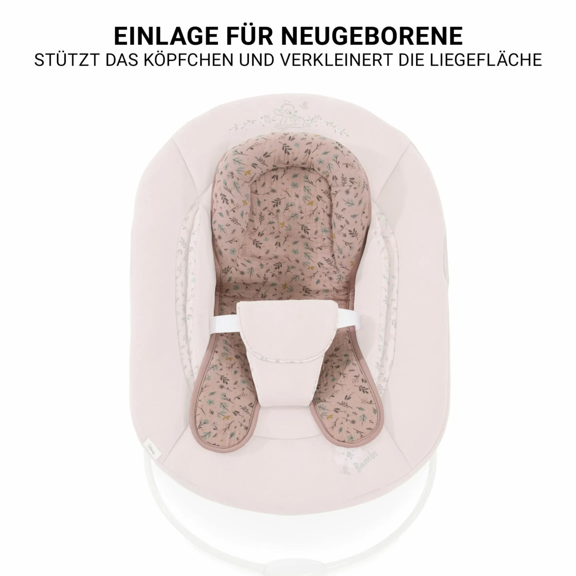 Beta Plus White 5-tlg. Newborn Set - Hochstuhl + 2in1 Neugeborenen-Aufsatz & Wippe + Essbrett + Sitzkissen - Disney - Bambi Rose