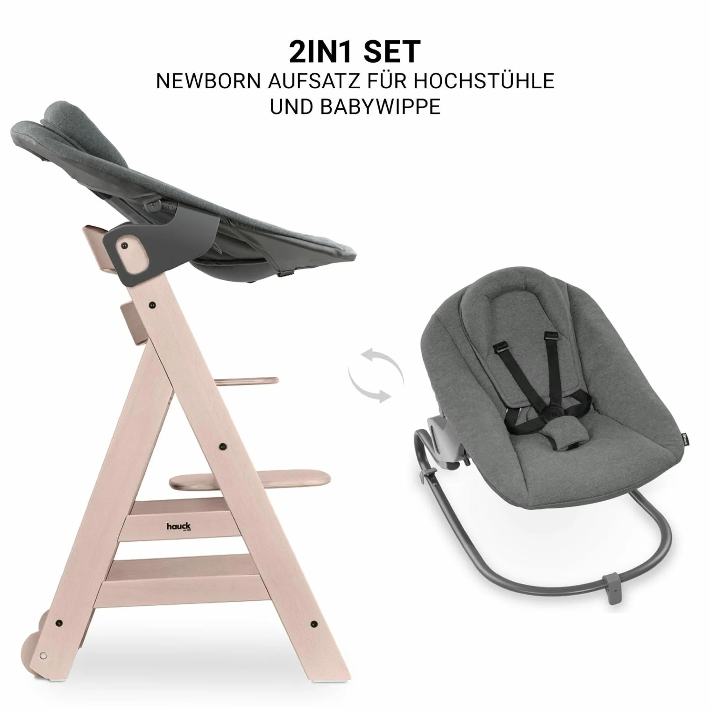 Beta Plus Whitewashed 5-tlg. Newborn Set - Hochstuhl + 2in1 Neugeborenen-Aufsatz & Wippe Premium, Essbrett, Sitzkissen - Dark Grey