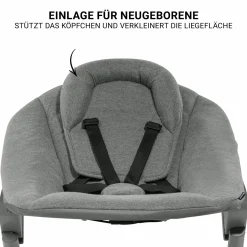 Beta Plus Whitewashed 5-tlg. Newborn Set - Hochstuhl + 2in1 Neugeborenen-Aufsatz & Wippe Premium, Essbrett, Sitzkissen - Dark Grey