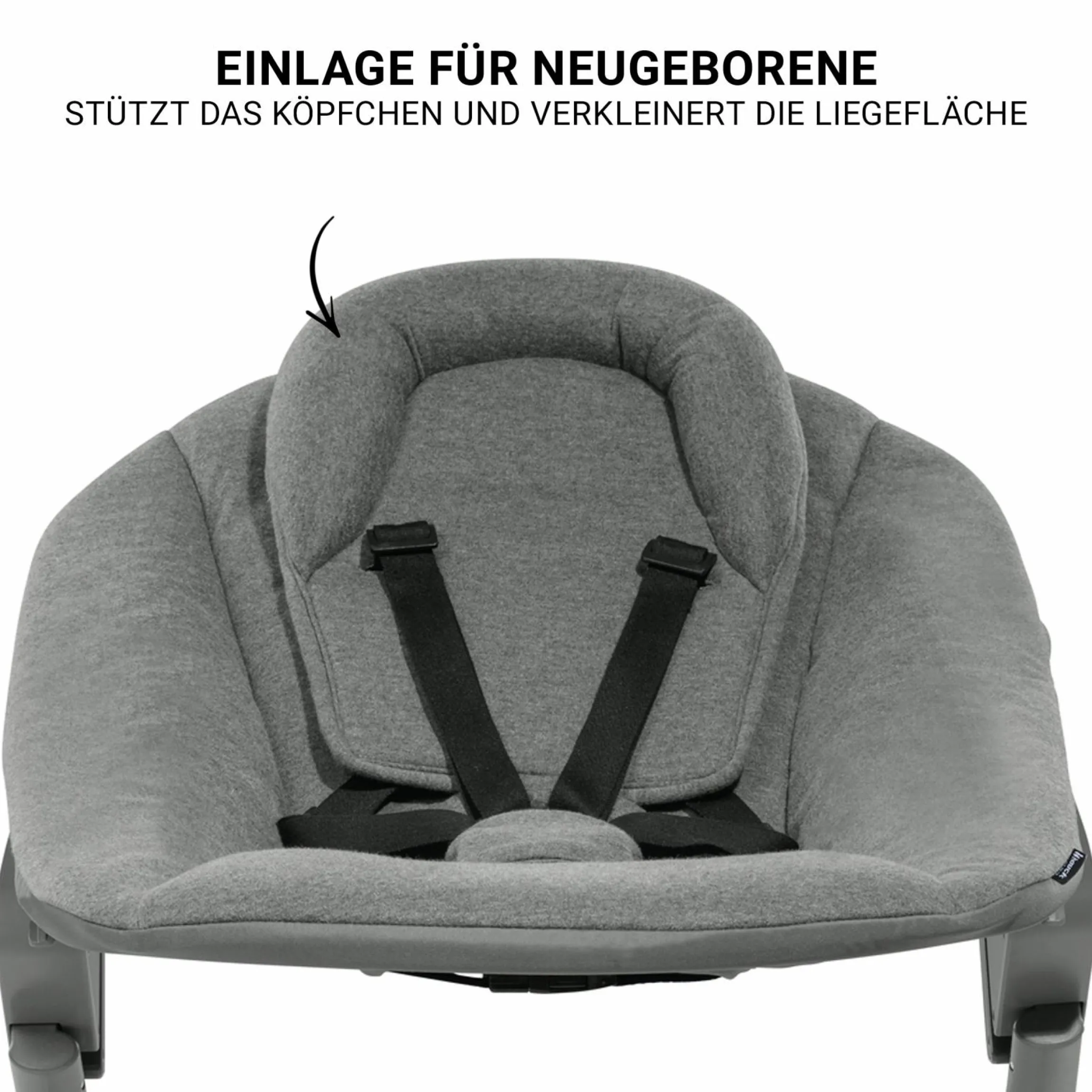 Beta Plus Whitewashed 5-tlg. Newborn Set - Hochstuhl + 2in1 Neugeborenen-Aufsatz & Wippe Premium, Essbrett, Sitzkissen - Dark Grey