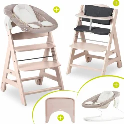 Beta Plus Whitewashed 5-tlg. Newborn Set - Hochstuhl + 2in1 Neugeborenen-Aufsatz & Wippe, Essbrett, Sitzkissen - Stretch Beige