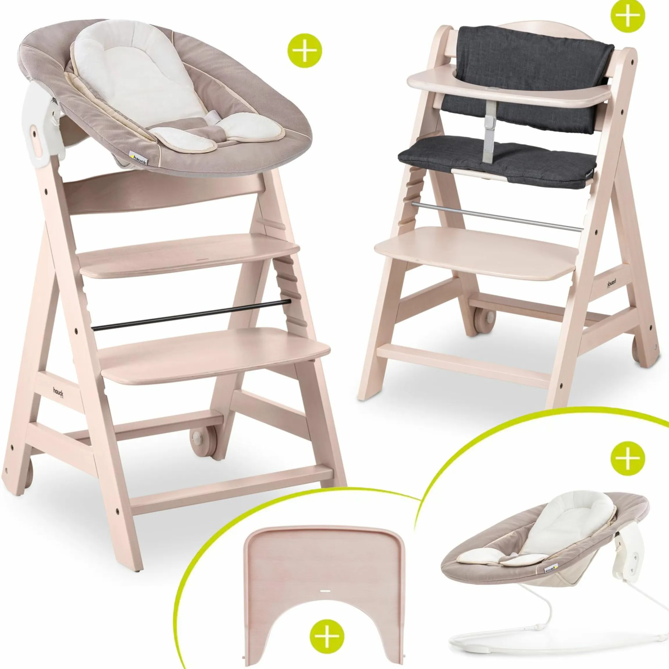 Beta Plus Whitewashed 5-tlg. Newborn Set - Hochstuhl + 2in1 Neugeborenen-Aufsatz & Wippe, Essbrett, Sitzkissen - Stretch Beige