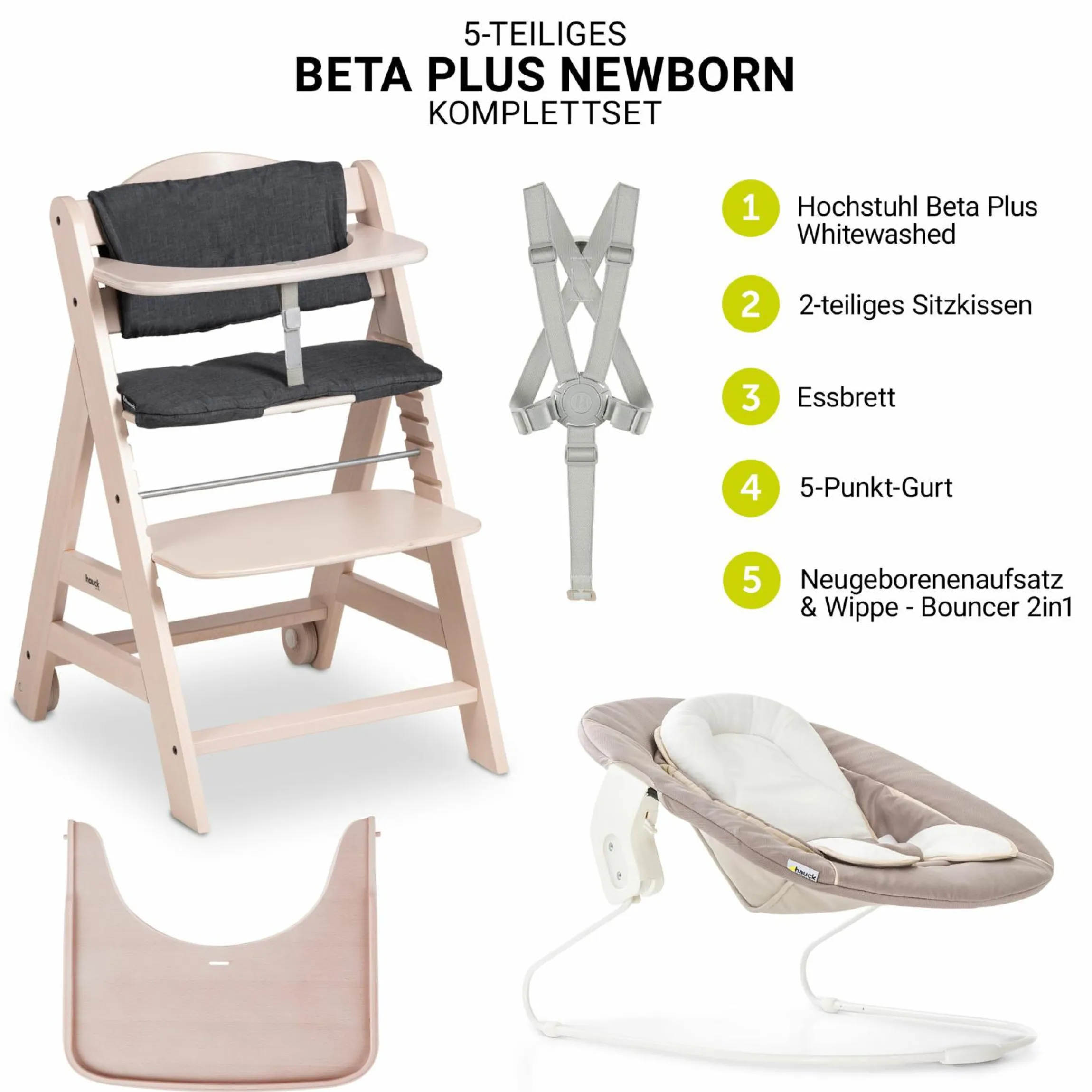 Beta Plus Whitewashed 5-tlg. Newborn Set - Hochstuhl + 2in1 Neugeborenen-Aufsatz & Wippe, Essbrett, Sitzkissen - Stretch Beige