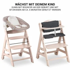 Beta Plus Whitewashed 5-tlg. Newborn Set - Hochstuhl + 2in1 Neugeborenen-Aufsatz & Wippe, Essbrett, Sitzkissen - Stretch Beige