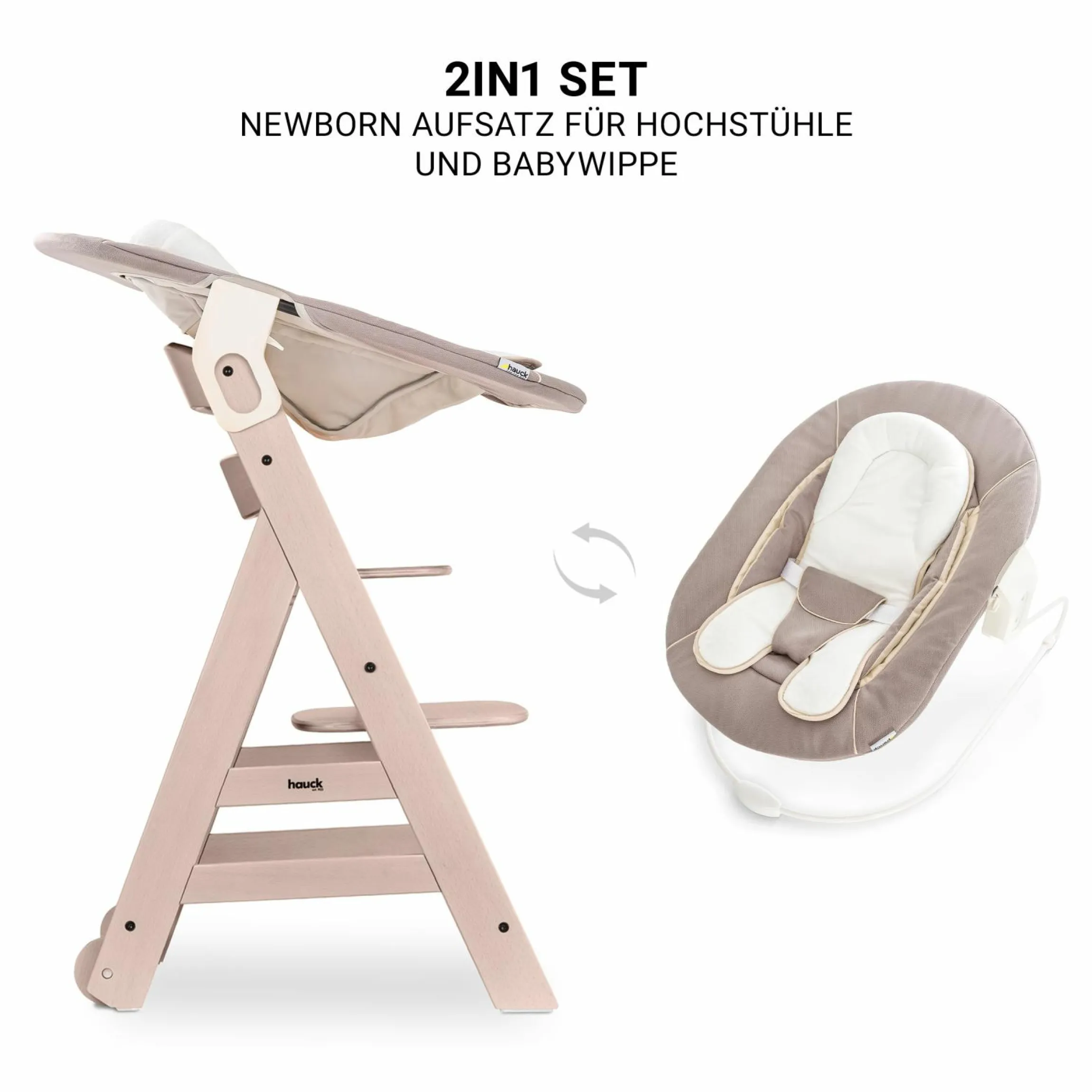 Beta Plus Whitewashed 5-tlg. Newborn Set - Hochstuhl + 2in1 Neugeborenen-Aufsatz & Wippe, Essbrett, Sitzkissen - Stretch Beige