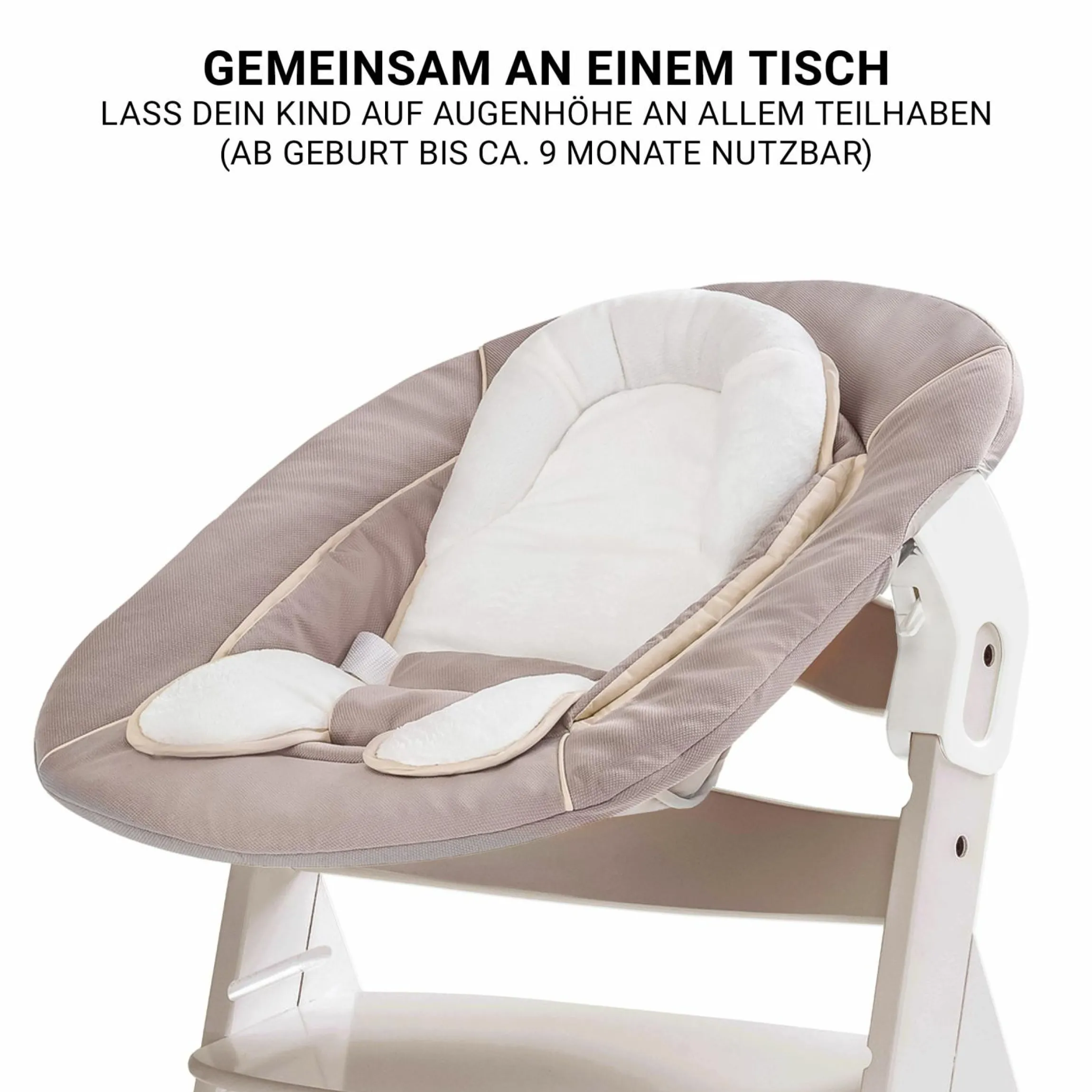Beta Plus Whitewashed 5-tlg. Newborn Set - Hochstuhl + 2in1 Neugeborenen-Aufsatz & Wippe, Essbrett, Sitzkissen - Stretch Beige