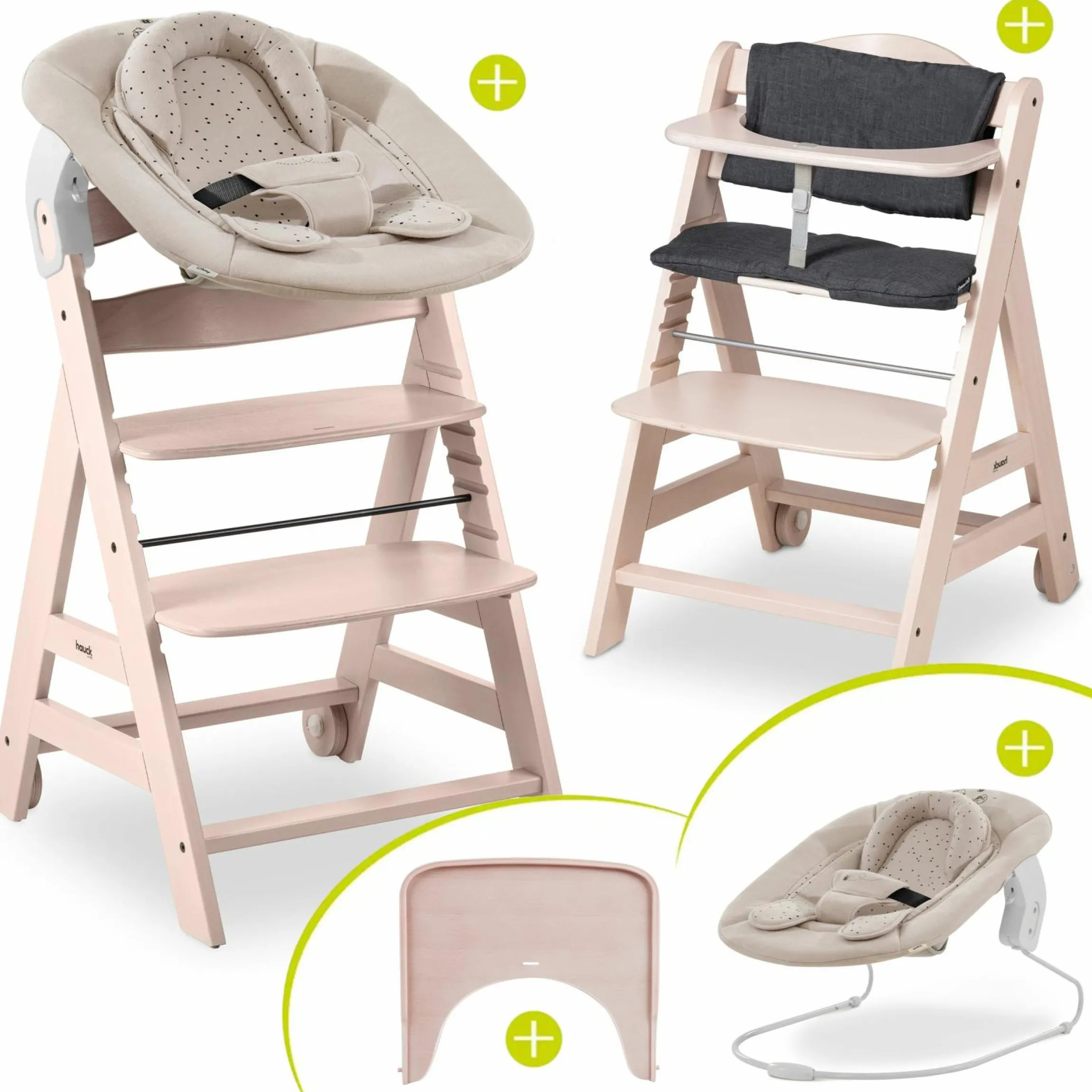 Beta Plus Whitewashed 5-tlg. Newborn Set - Hochstuhl + 2in1 Neugeborenen-Aufsatz & Wippe + Essbrett + Sitzkissen - Disney Winnie the Pooh - Beige