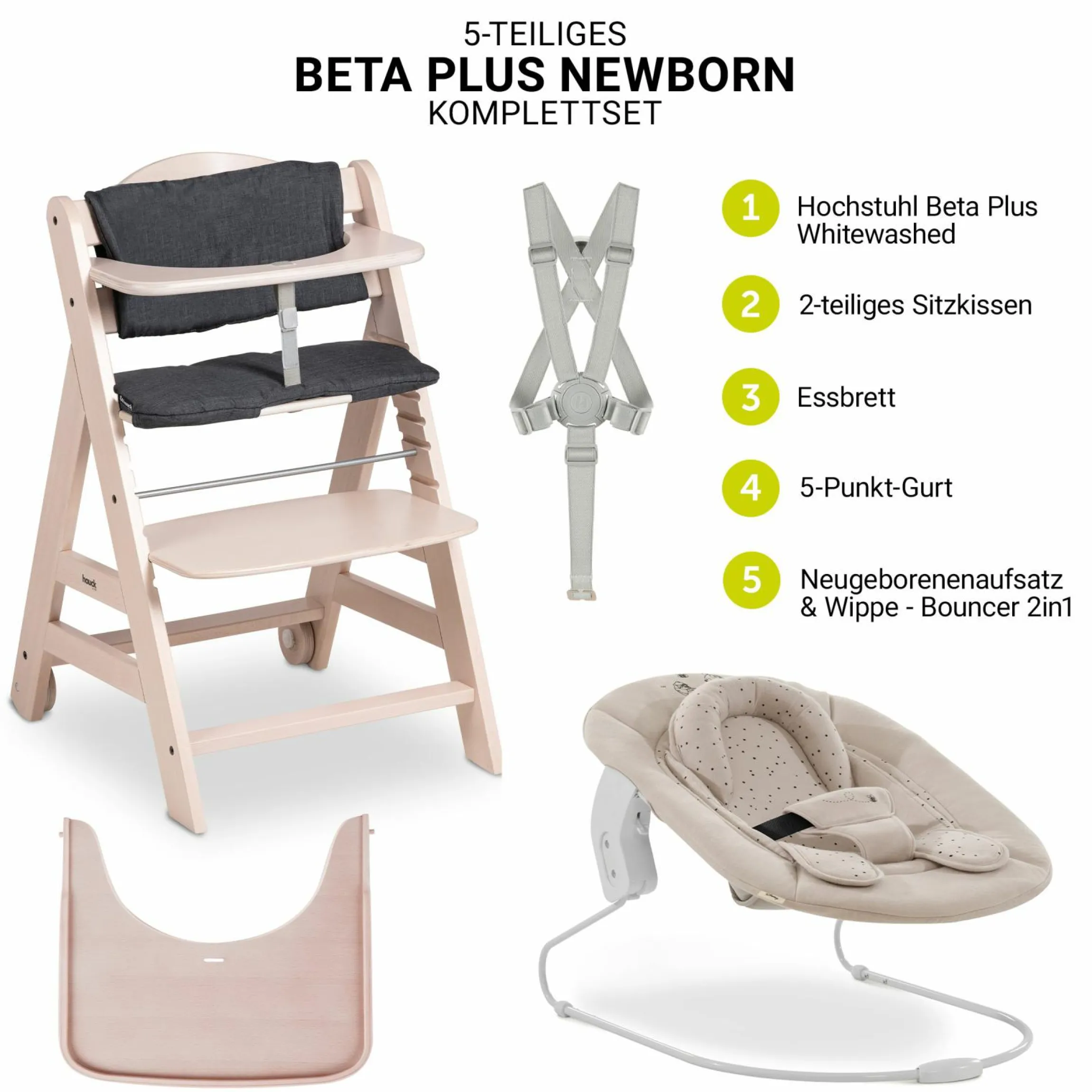 Beta Plus Whitewashed 5-tlg. Newborn Set - Hochstuhl + 2in1 Neugeborenen-Aufsatz & Wippe + Essbrett + Sitzkissen - Disney Winnie the Pooh - Beige