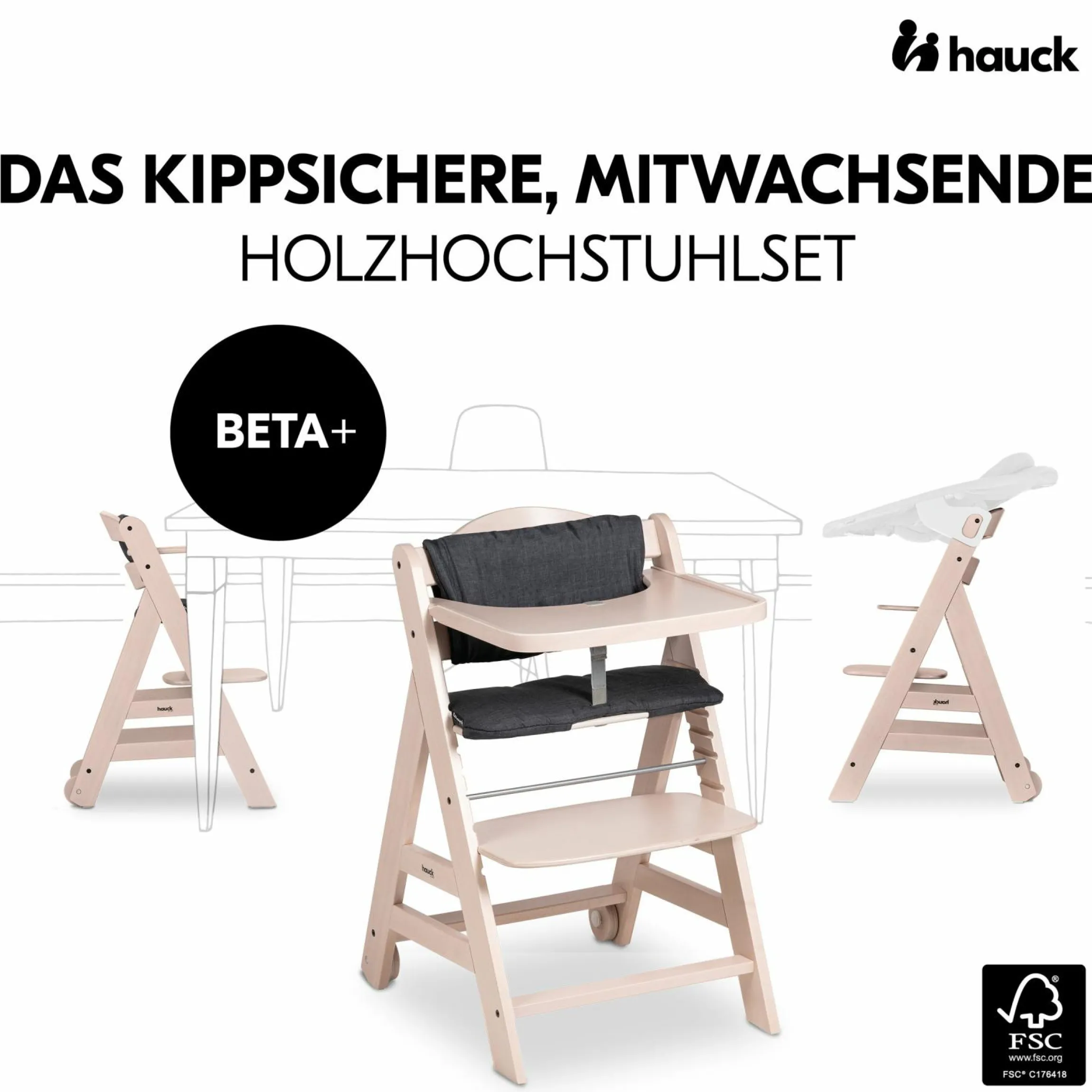 Beta Plus Whitewashed 5-tlg. Newborn Set - Hochstuhl + 2in1 Neugeborenen-Aufsatz & Wippe + Essbrett + Sitzkissen - Disney Winnie the Pooh - Beige