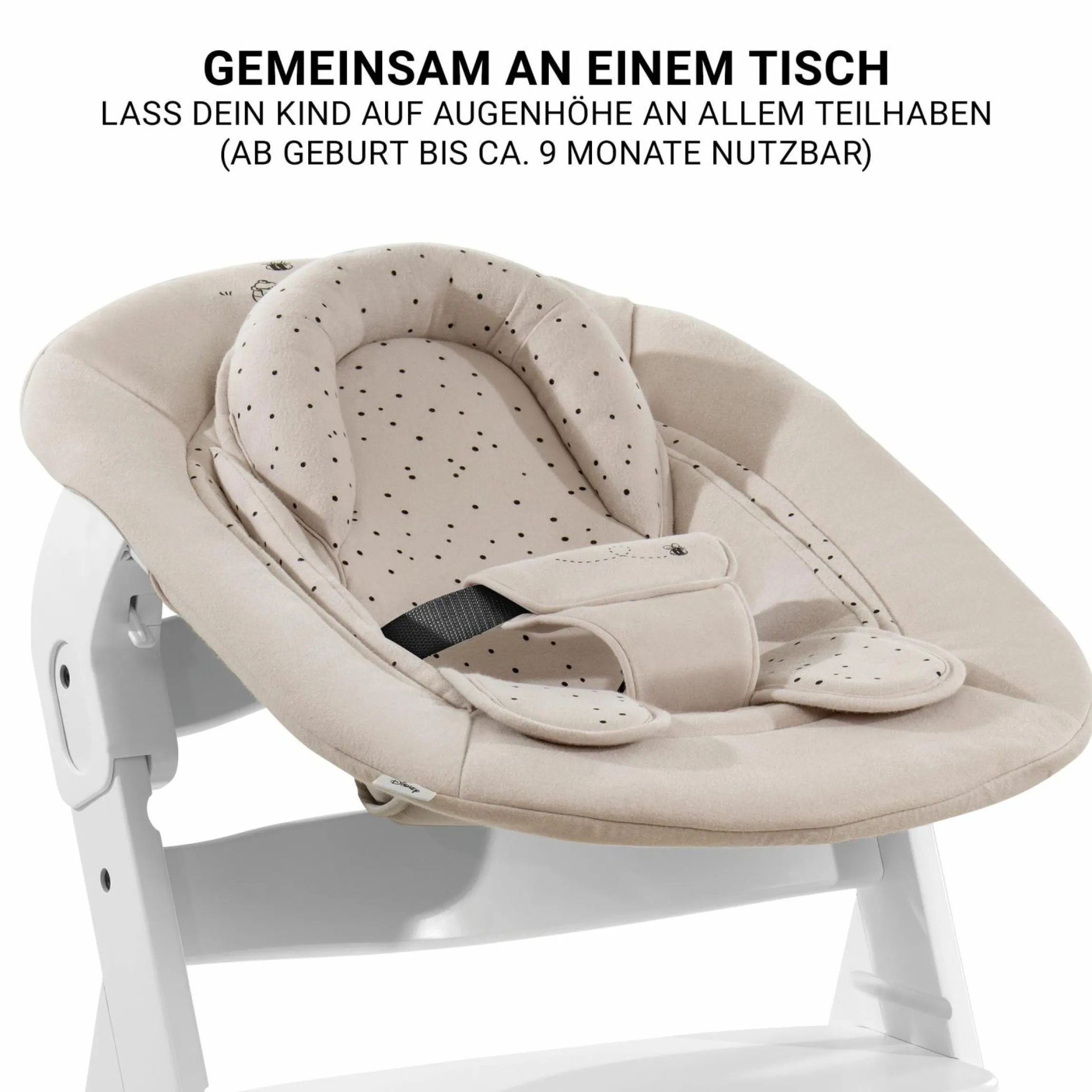 Beta Plus Whitewashed 5-tlg. Newborn Set - Hochstuhl + 2in1 Neugeborenen-Aufsatz & Wippe + Essbrett + Sitzkissen - Disney Winnie the Pooh - Beige