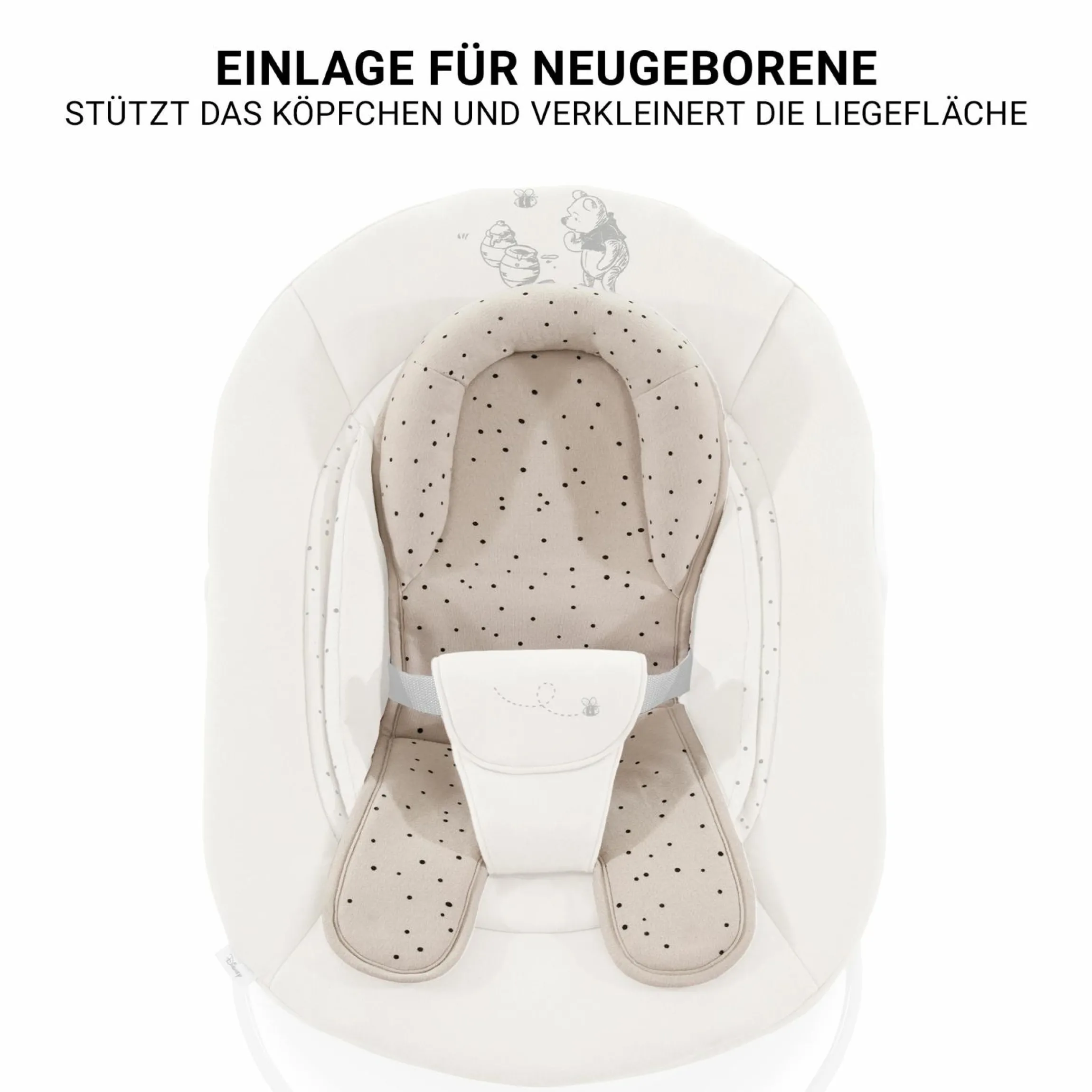 Beta Plus Whitewashed 5-tlg. Newborn Set - Hochstuhl + 2in1 Neugeborenen-Aufsatz & Wippe + Essbrett + Sitzkissen - Disney Winnie the Pooh - Beige