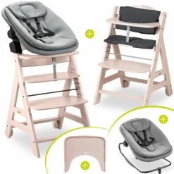 Beta Plus Whitewashed 5-tlg. Newbornset - Hochstuhl + 2in1 Babyaufsatz & Wippe, Essbrett, Sitzkissen - Dark Grey Melange