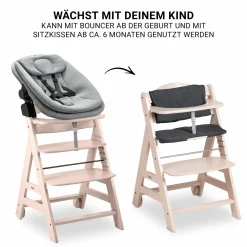 Beta Plus Whitewashed 5-tlg. Newbornset - Hochstuhl + 2in1 Babyaufsatz & Wippe, Essbrett, Sitzkissen - Dark Grey Melange