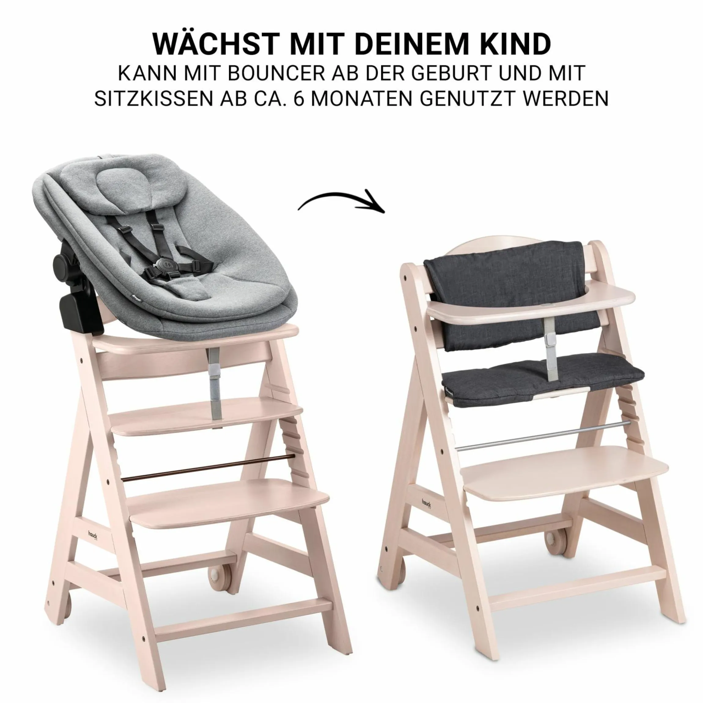 Beta Plus Whitewashed 5-tlg. Newbornset - Hochstuhl + 2in1 Babyaufsatz & Wippe, Essbrett, Sitzkissen - Dark Grey Melange