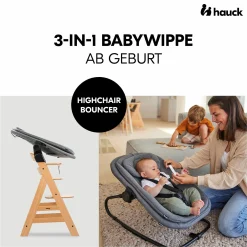 Beta Plus Whitewashed 5-tlg. Newbornset - Hochstuhl + 2in1 Babyaufsatz & Wippe, Essbrett, Sitzkissen - Dark Grey Melange