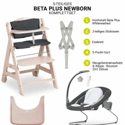 Beta Plus Whitewashed 5-tlg. Newborn Set - Hochstuhl + 2in1 Neugeborenen-Aufsatz & Wippe Deluxe, Essbrett, Sitzkissen - Melange Grey