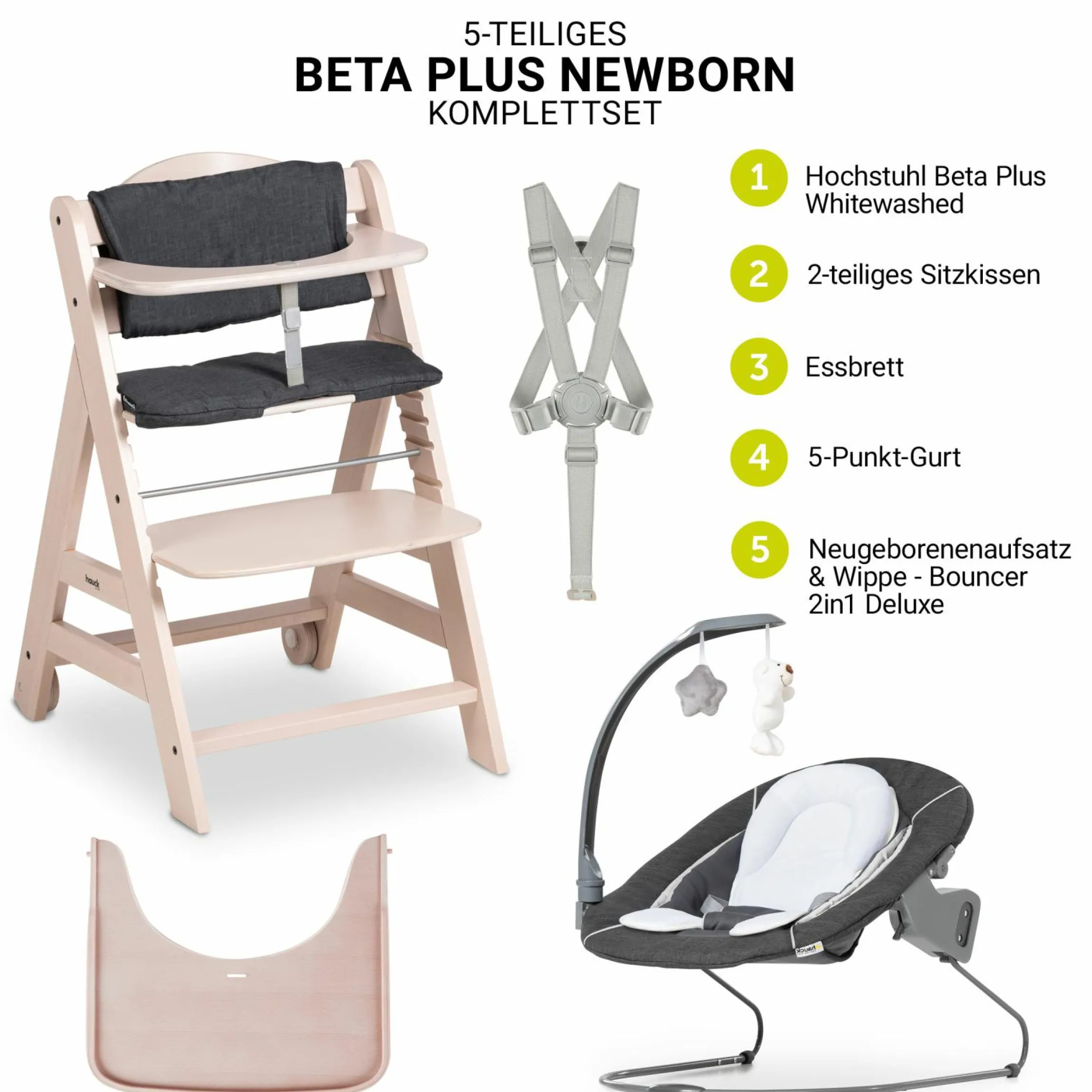 Beta Plus Whitewashed 5-tlg. Newborn Set - Hochstuhl + 2in1 Neugeborenen-Aufsatz & Wippe Deluxe, Essbrett, Sitzkissen - Melange Grey