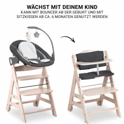 Beta Plus Whitewashed 5-tlg. Newborn Set - Hochstuhl + 2in1 Neugeborenen-Aufsatz & Wippe Deluxe, Essbrett, Sitzkissen - Melange Grey