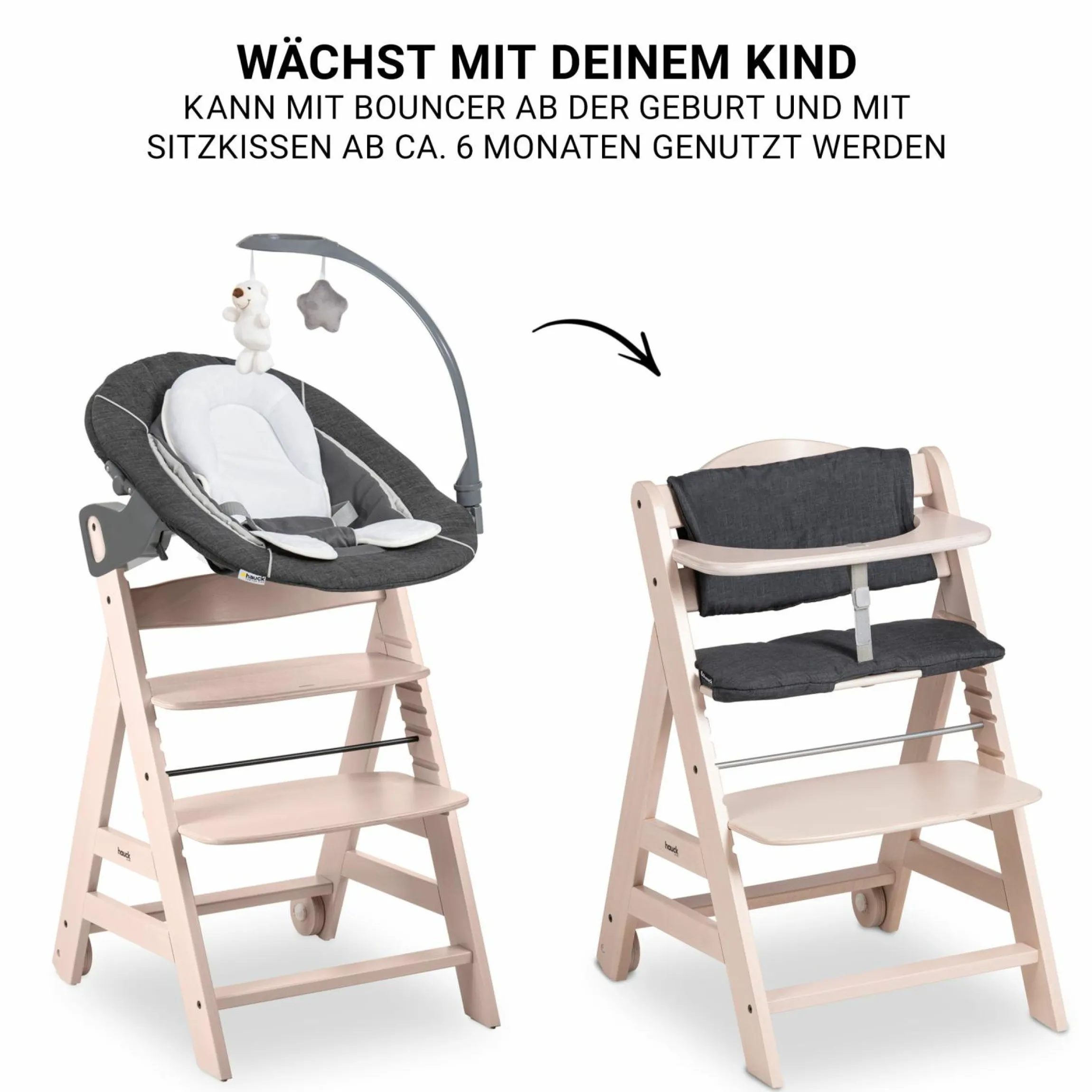 Beta Plus Whitewashed 5-tlg. Newborn Set - Hochstuhl + 2in1 Neugeborenen-Aufsatz & Wippe Deluxe, Essbrett, Sitzkissen - Melange Grey