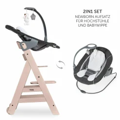 Beta Plus Whitewashed 5-tlg. Newborn Set - Hochstuhl + 2in1 Neugeborenen-Aufsatz & Wippe Deluxe, Essbrett, Sitzkissen - Melange Grey
