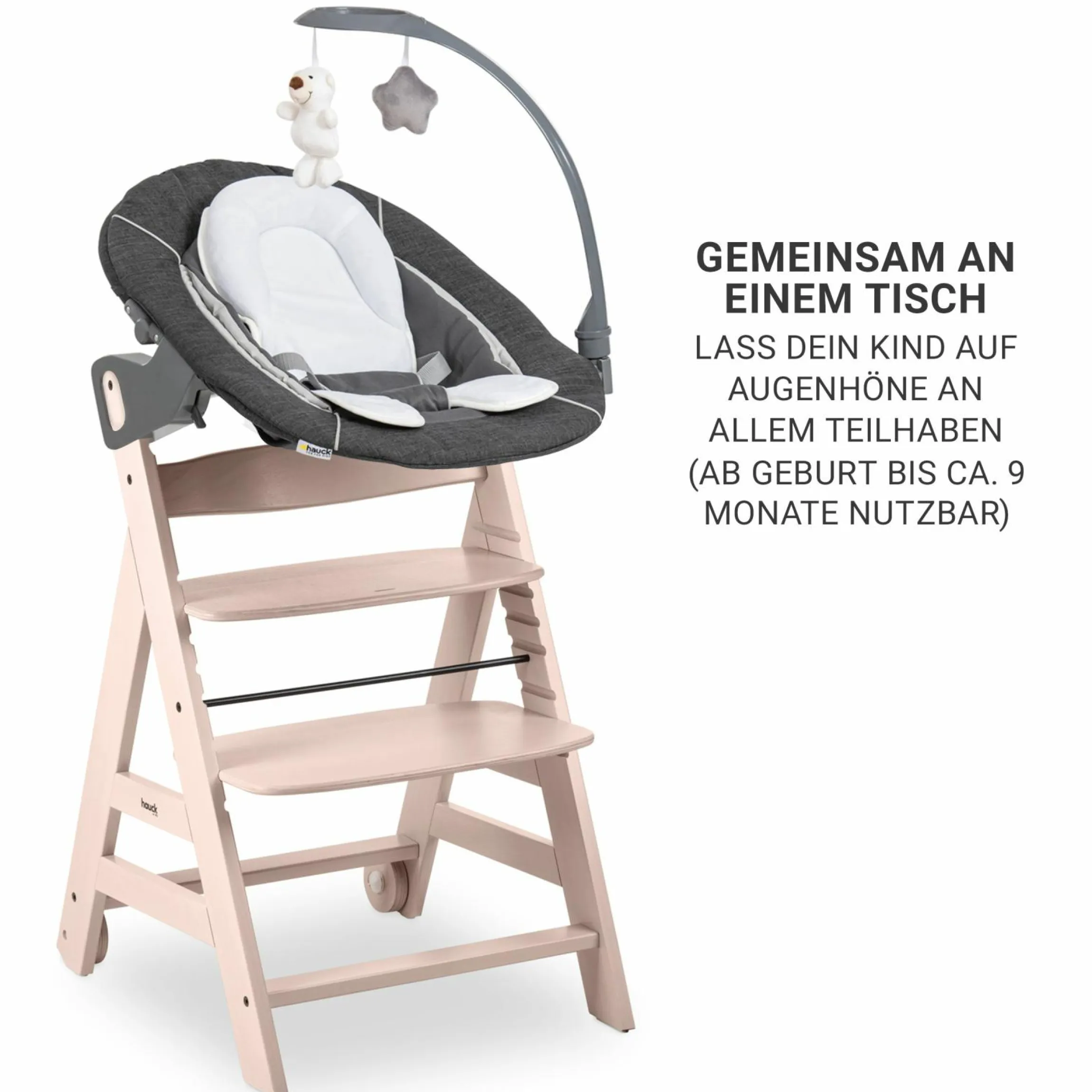 Beta Plus Whitewashed 5-tlg. Newborn Set - Hochstuhl + 2in1 Neugeborenen-Aufsatz & Wippe Deluxe, Essbrett, Sitzkissen - Melange Grey