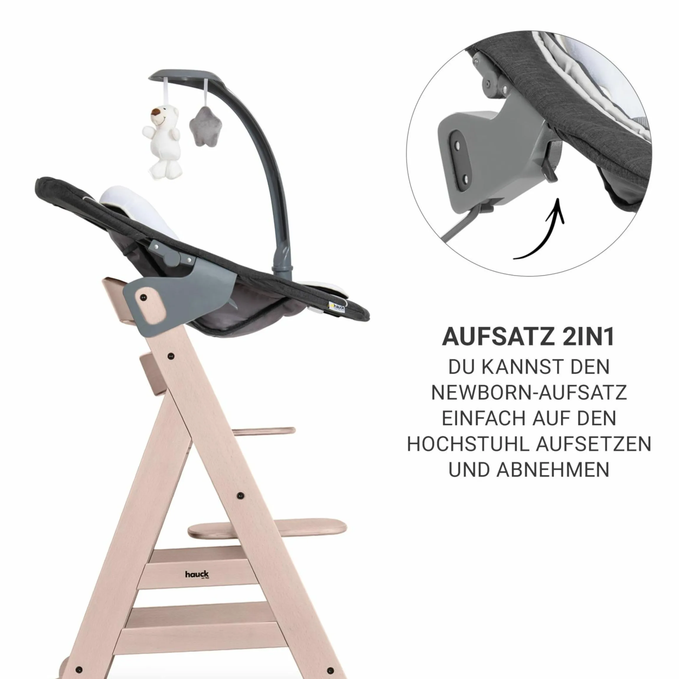 Beta Plus Whitewashed 5-tlg. Newborn Set - Hochstuhl + 2in1 Neugeborenen-Aufsatz & Wippe Deluxe, Essbrett, Sitzkissen - Melange Grey