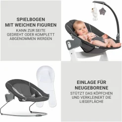 Beta Plus Whitewashed 5-tlg. Newborn Set - Hochstuhl + 2in1 Neugeborenen-Aufsatz & Wippe Deluxe, Essbrett, Sitzkissen - Melange Grey