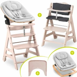 Beta Plus Whitewashed 5-tlg. Newbornset - Hochstuhl + 2in1 Babyaufsatz & Wippe Eco, Essbrett, Sitzkissen - Light Grey