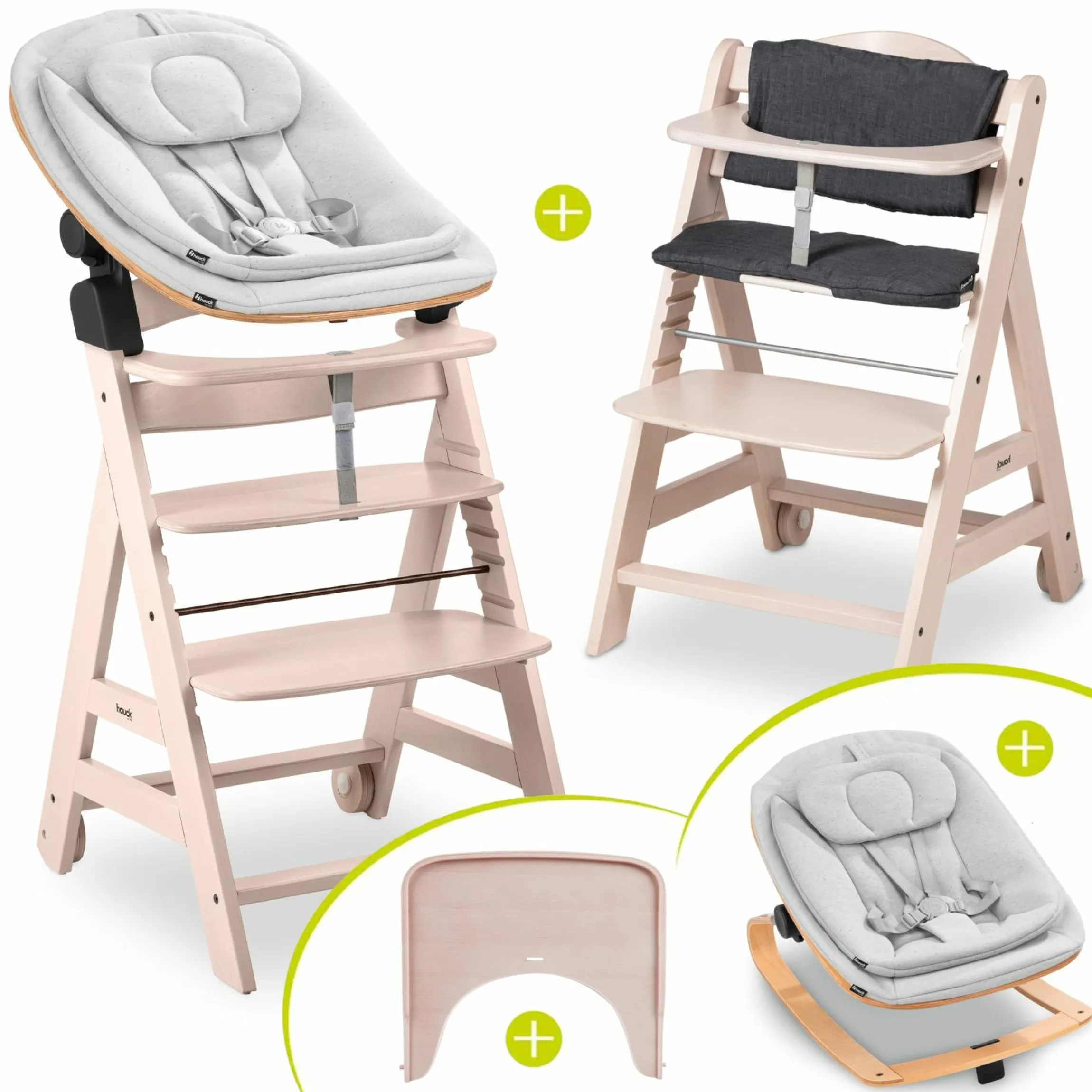 Beta Plus Whitewashed 5-tlg. Newbornset - Hochstuhl + 2in1 Babyaufsatz & Wippe Eco, Essbrett, Sitzkissen - Light Grey
