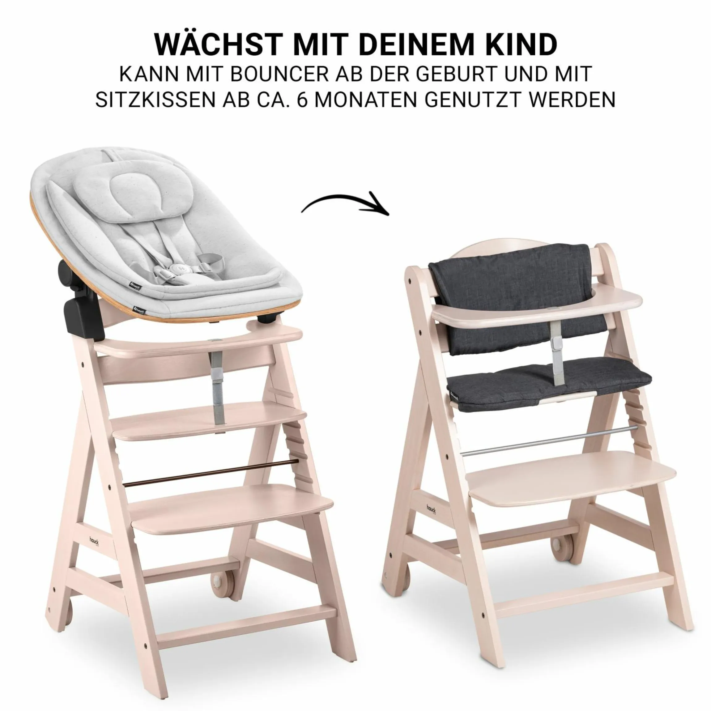 Beta Plus Whitewashed 5-tlg. Newbornset - Hochstuhl + 2in1 Babyaufsatz & Wippe Eco, Essbrett, Sitzkissen - Light Grey