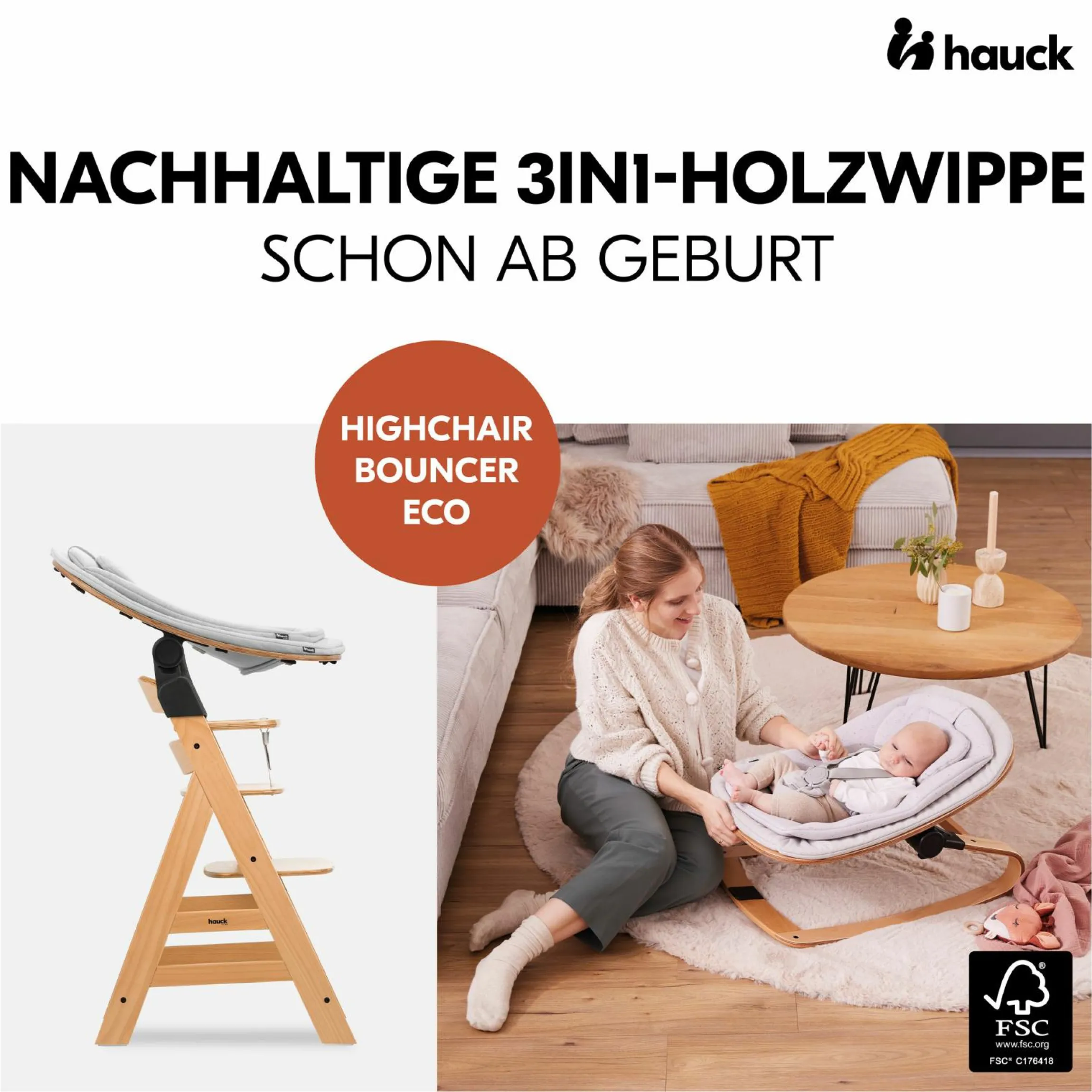 Beta Plus Whitewashed 5-tlg. Newbornset - Hochstuhl + 2in1 Babyaufsatz & Wippe Eco, Essbrett, Sitzkissen - Light Grey
