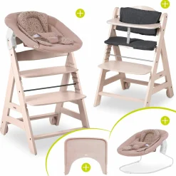 Beta Plus Whitewashed 5-tlg. Newborn Set - Hochstuhl + 2in1 Neugeborenen-Aufsatz & Wippe + Essbrett + Sitzkissen - Disney - Bambi Rose