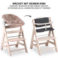 Beta Plus Whitewashed 5-tlg. Newborn Set - Hochstuhl + 2in1 Neugeborenen-Aufsatz & Wippe + Essbrett + Sitzkissen - Disney - Bambi Rose