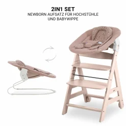 Beta Plus Whitewashed 5-tlg. Newborn Set - Hochstuhl + 2in1 Neugeborenen-Aufsatz & Wippe + Essbrett + Sitzkissen - Disney - Bambi Rose