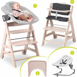 Beta Plus Whitewashed 5-tlg. Newborn Set - Hochstuhl + 2in1 Neugeborenen-Aufsatz & Wippe Premium + Essbrett + Sitzkissen - Light Grey