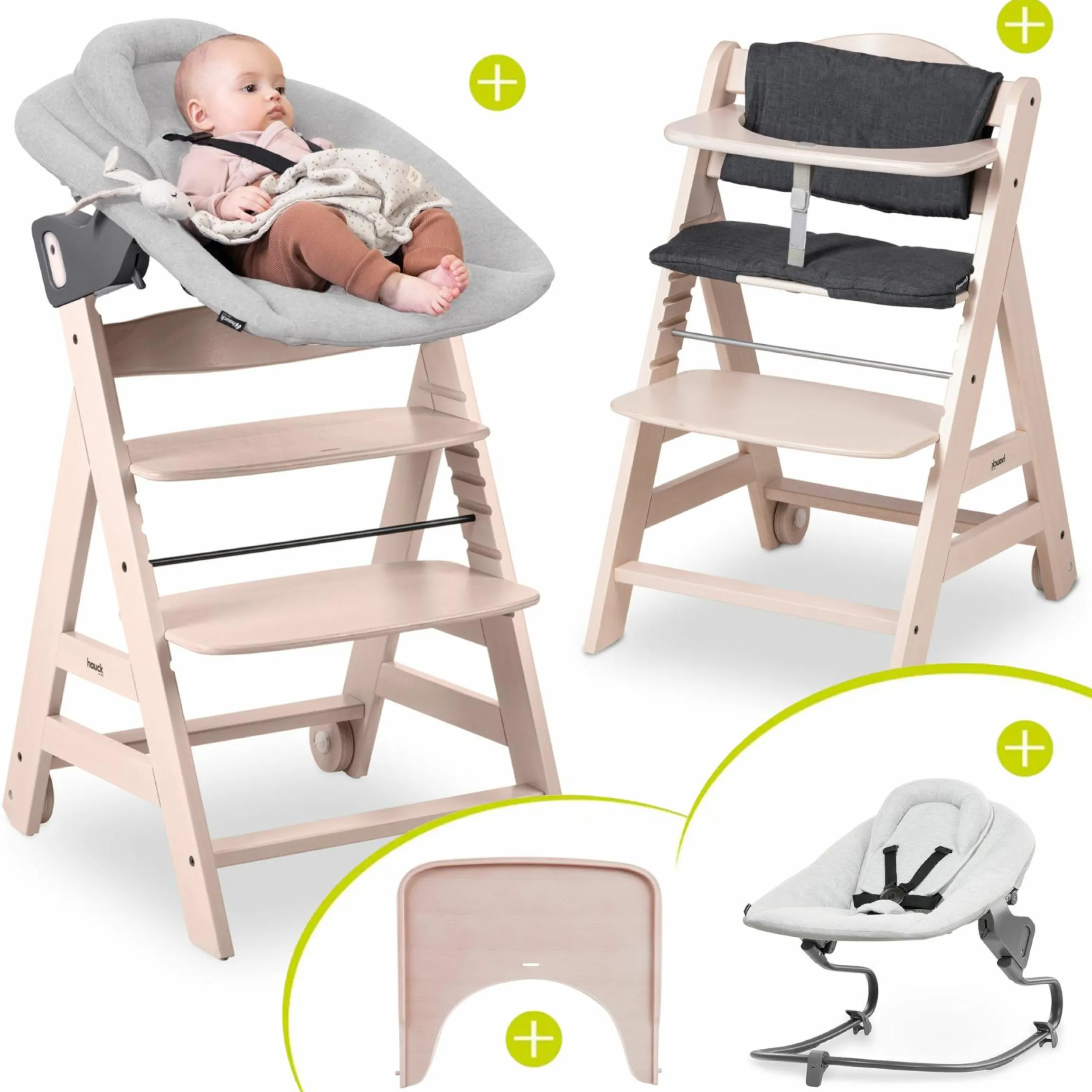 Beta Plus Whitewashed 5-tlg. Newborn Set - Hochstuhl + 2in1 Neugeborenen-Aufsatz & Wippe Premium + Essbrett + Sitzkissen - Light Grey