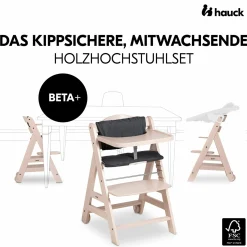 Beta Plus Whitewashed 5-tlg. Newborn Set - Hochstuhl + 2in1 Neugeborenen-Aufsatz & Wippe Premium + Essbrett + Sitzkissen - Light Grey