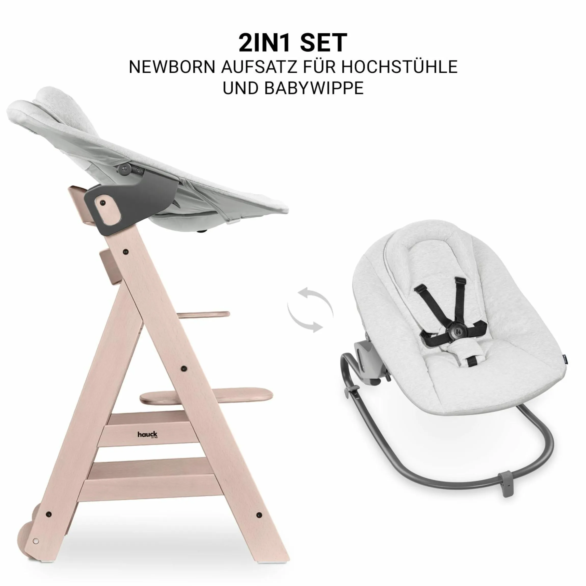 Beta Plus Whitewashed 5-tlg. Newborn Set - Hochstuhl + 2in1 Neugeborenen-Aufsatz & Wippe Premium + Essbrett + Sitzkissen - Light Grey