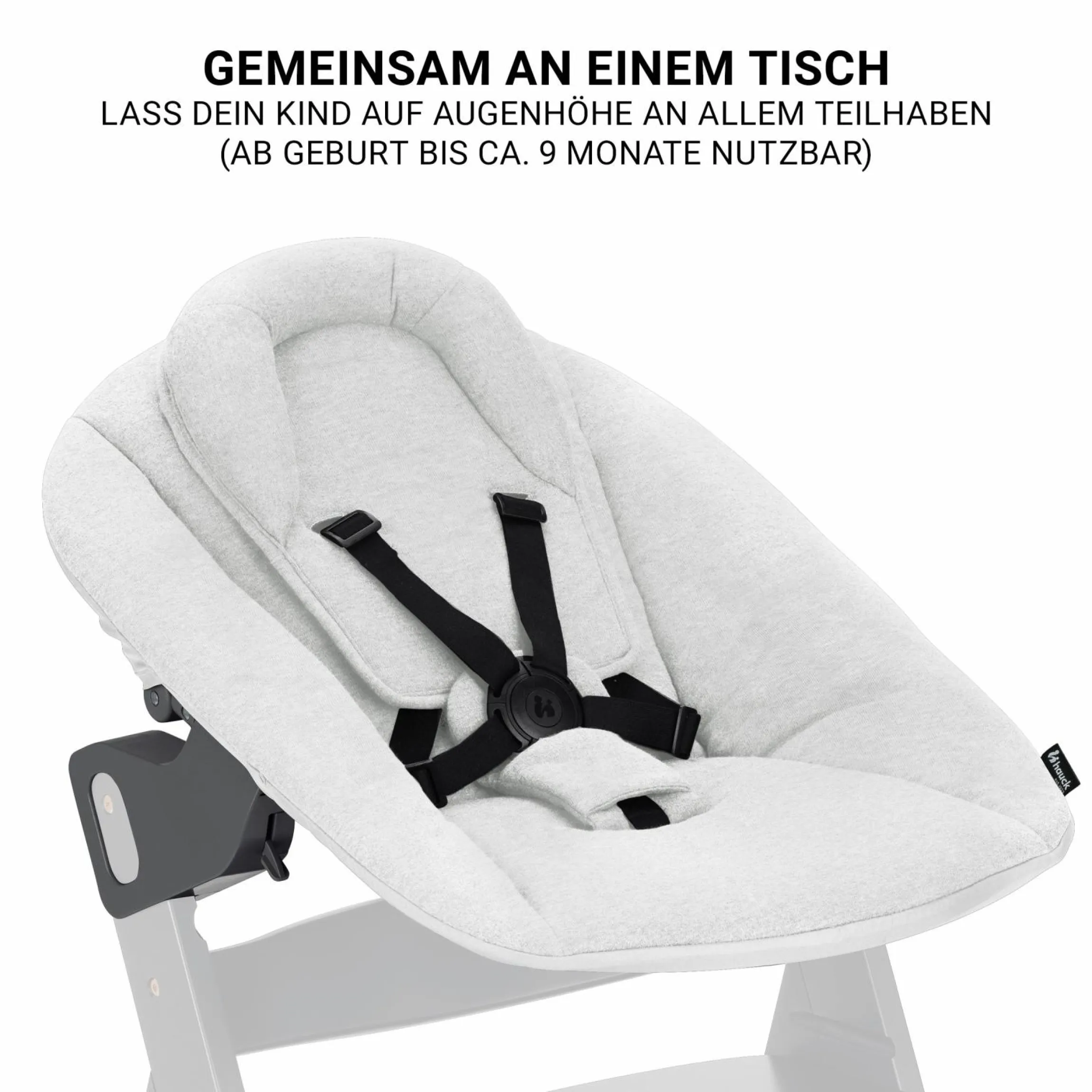 Beta Plus Whitewashed 5-tlg. Newborn Set - Hochstuhl + 2in1 Neugeborenen-Aufsatz & Wippe Premium + Essbrett + Sitzkissen - Light Grey