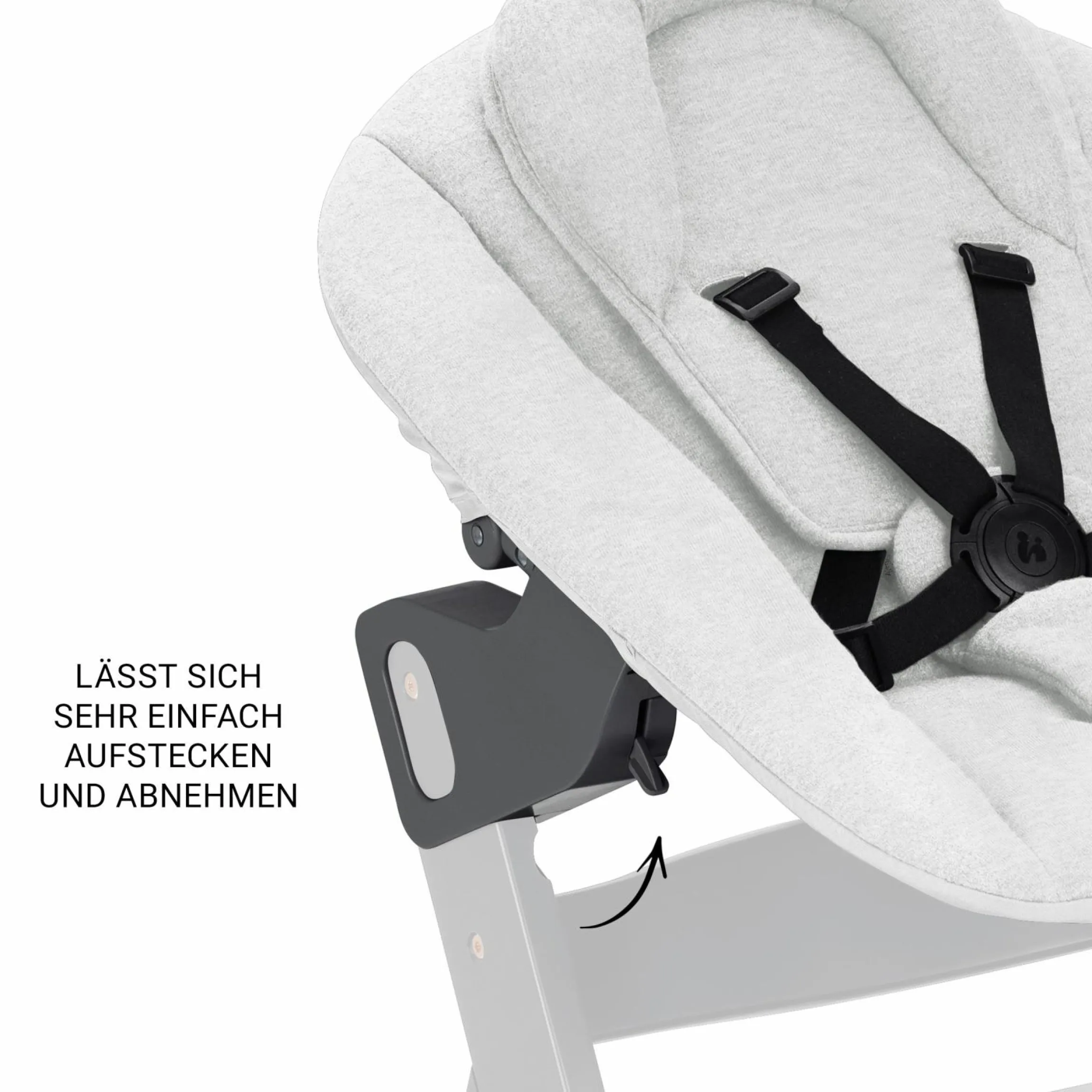 Beta Plus Whitewashed 5-tlg. Newborn Set - Hochstuhl + 2in1 Neugeborenen-Aufsatz & Wippe Premium + Essbrett + Sitzkissen - Light Grey