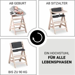 Beta Plus Whitewashed 5-tlg. Newborn Set - Hochstuhl + 2in1 Neugeborenen-Aufsatz & Wippe Premium + Essbrett + Sitzkissen - Light Grey