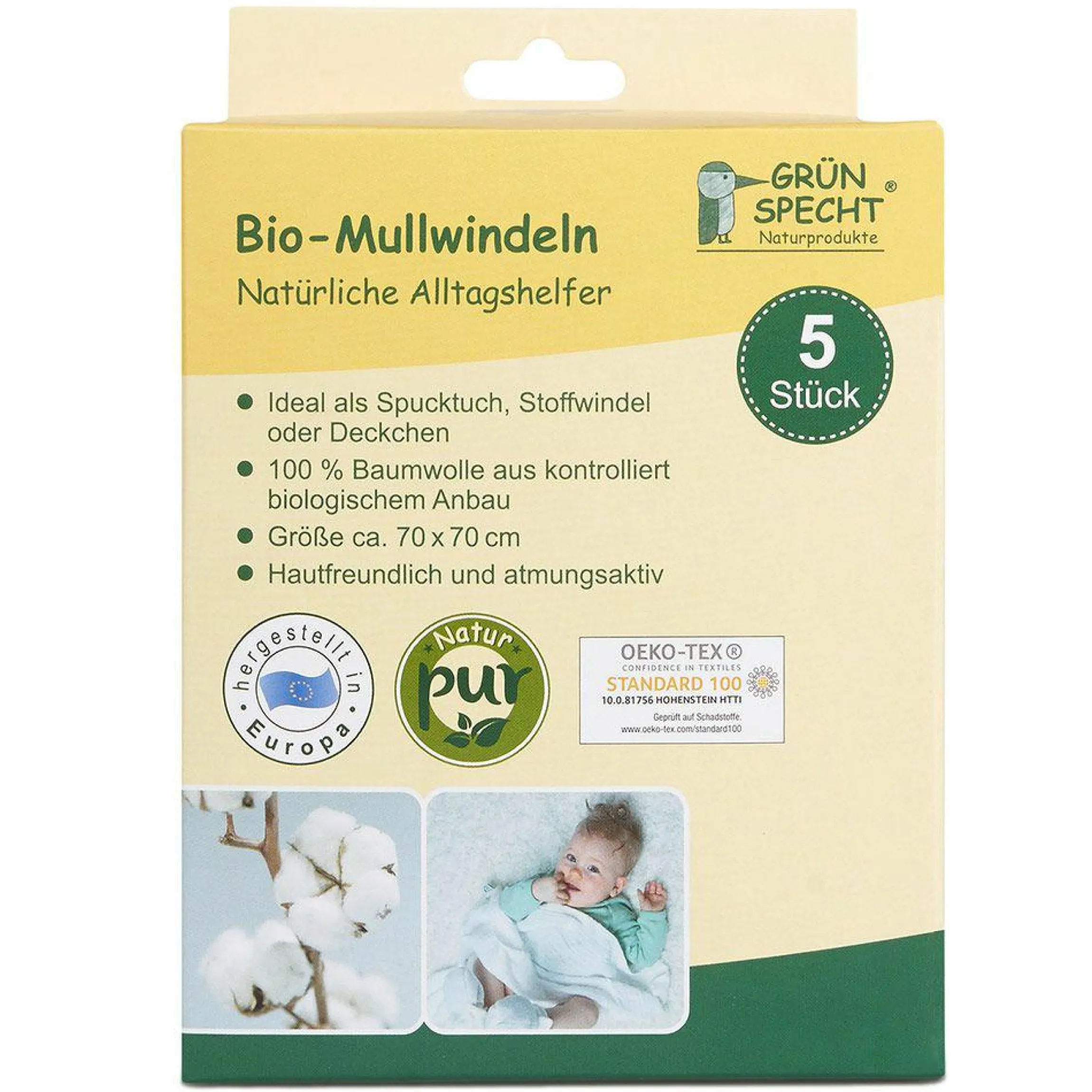 Bio-Mullwindel 5er Pack 70 x 70 cm - Weiß