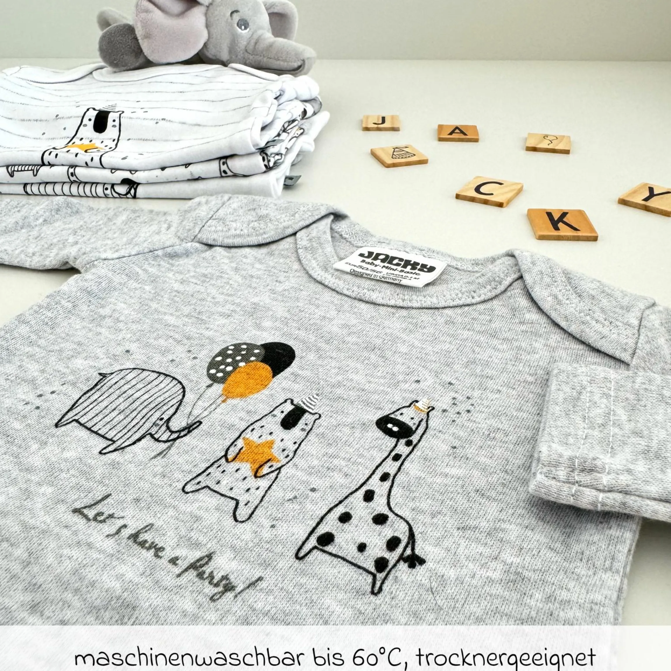 Body Langarm 4er Pack - Let's have a Party Offwhite Grau Melange - Gr. 62/68