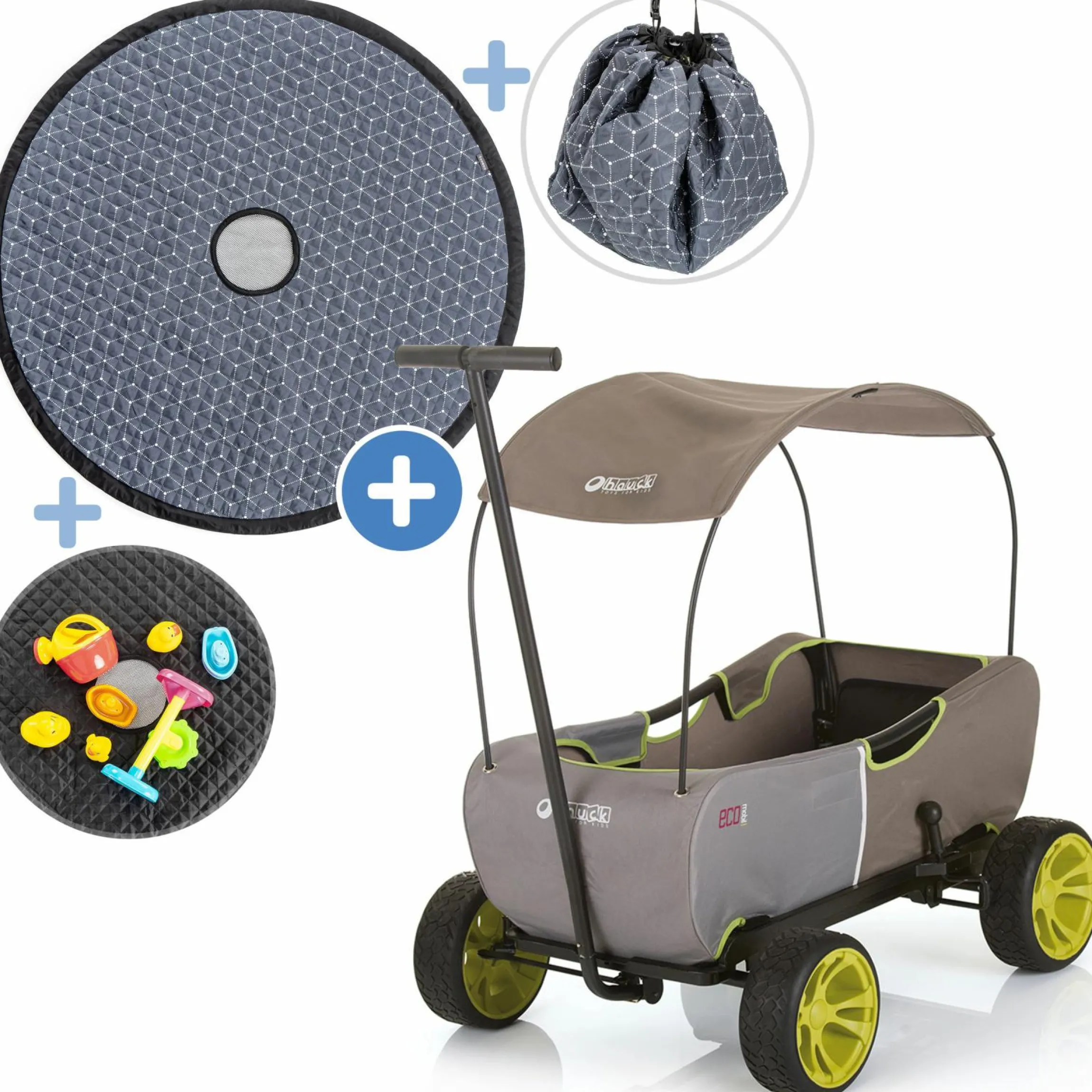 Bollerwagen Eco Mobil - faltbar mit Dach, Transportwagen & Handwagen für 2 Kinder inkl. Spielplatzdecke 2in1 - Forest Green